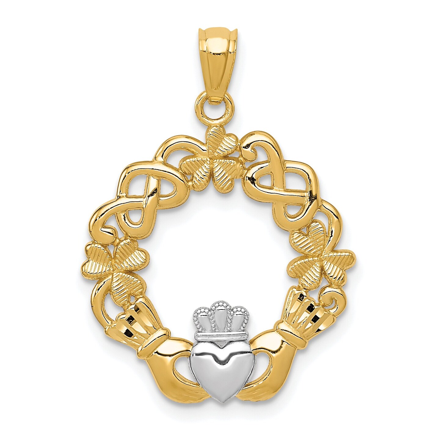 14K Two Tone Gold Claddagh &#x26; Celtic Knot Charm Pendant Jewerly 28mm x 20mm
