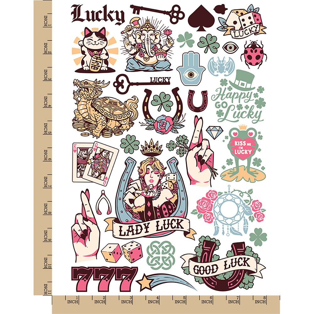 Lucky Charms Symbols Fortune Signs Temporary Tattoo Water Resistant Fake Body Art Set Collection