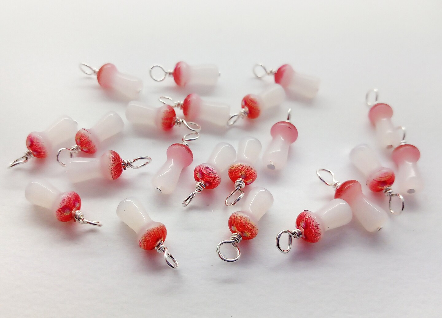 Tiny Mushroom Charms, 10 pieces, Miniature Fly Agaric Glass Bead Dangles, Adorabilities