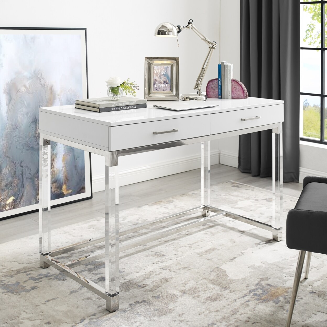Inspired Home Jerome Writing Desk-High Gloss-Acrylic Legs-Metal Base-Modern Design