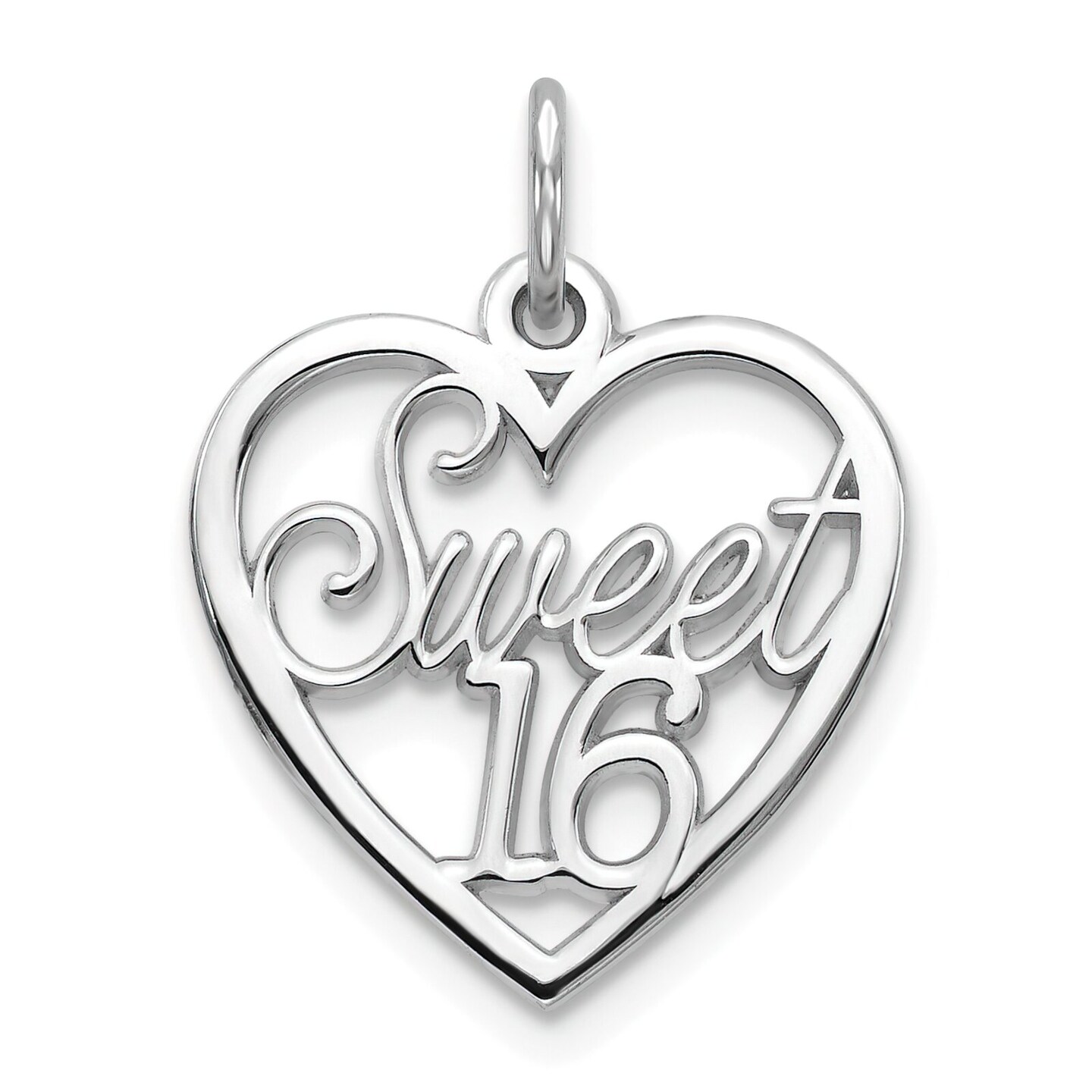10K White Gold Sweet 16 in Heart Charm Birthday Jewelry 20mm x 16mm