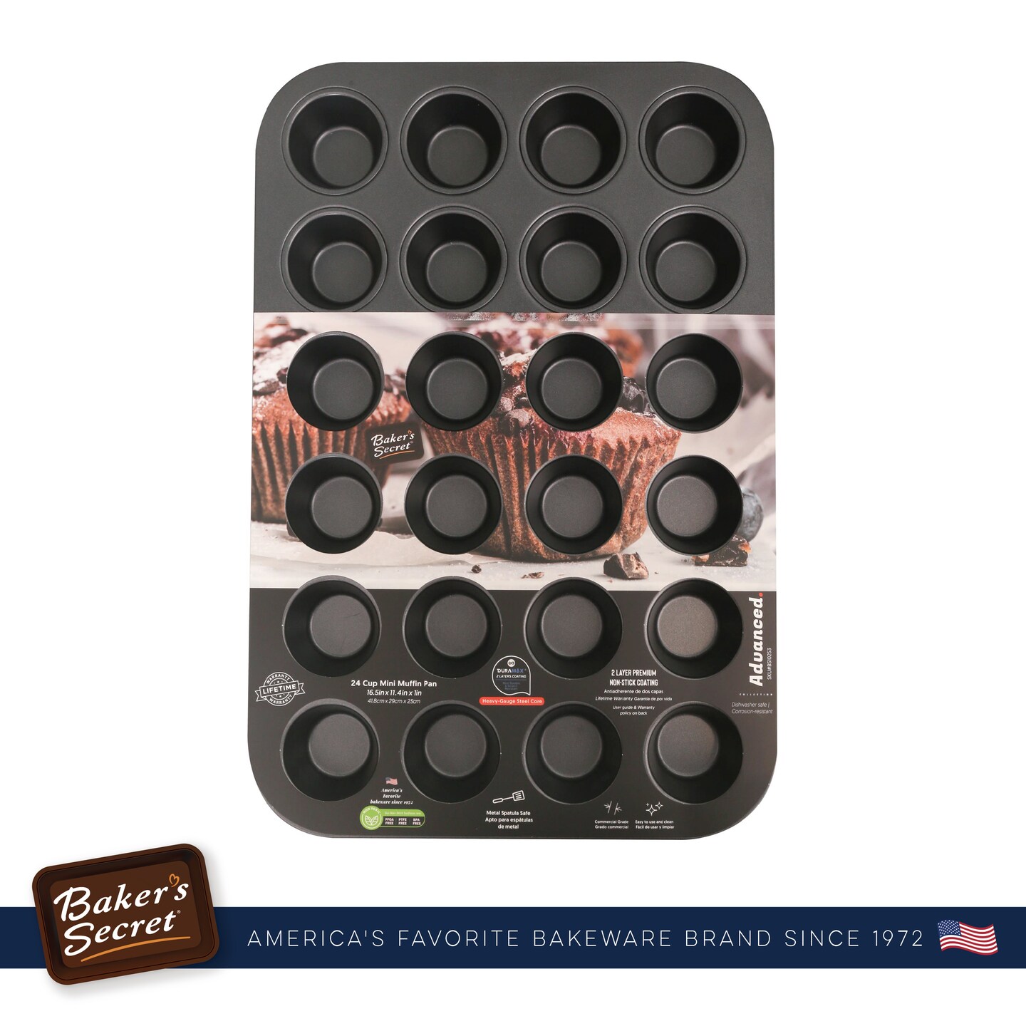 Baker&#x27;s Secret 24cup Mini Muffin Pan Cupcake Nonstick Pan - Carbon Steel Pan for Mini Muffins Cupcakes Non stick Coating Easy Release DIY Bakeware Baking Supplies - Advanced Collection