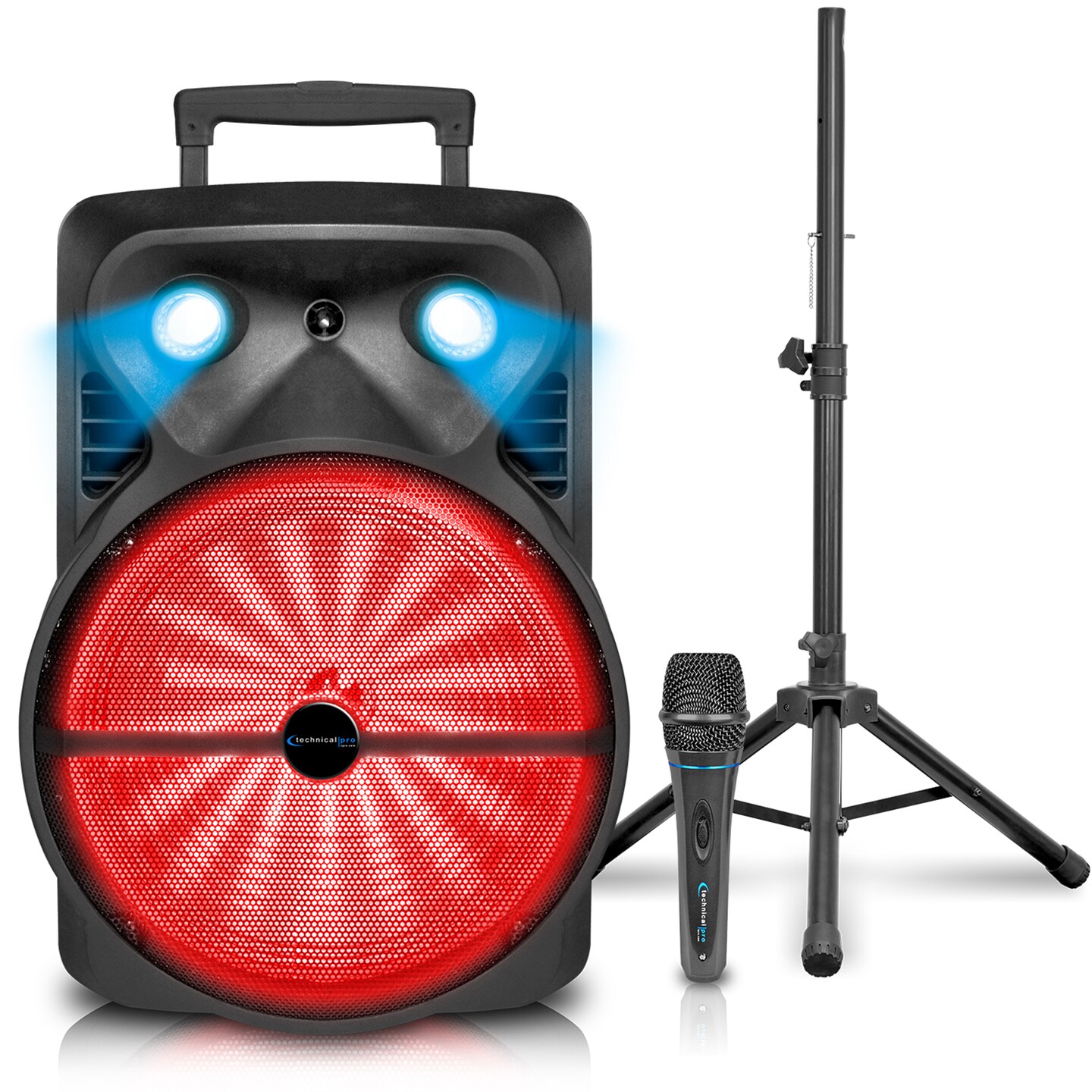 Technical Pro 2000 Watts Rechargeable 15" Bluetooth DJ Light Speaker Package with Tripod and Microphone, USB SD Card
