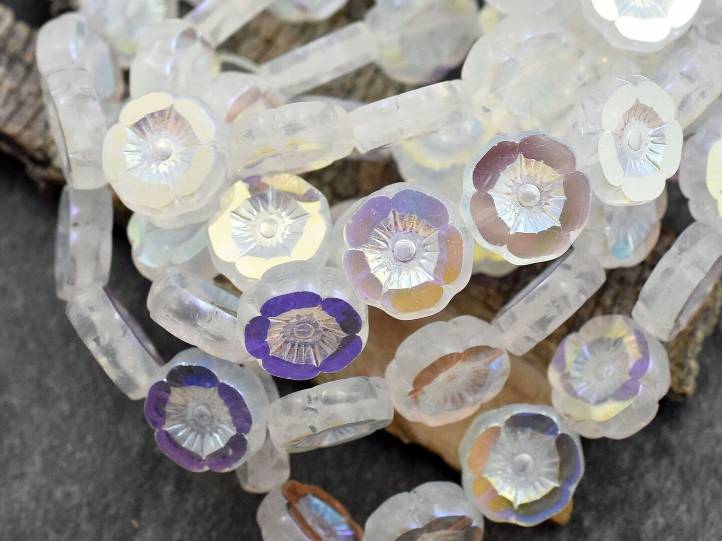 *12* 12mm White Crystal AB Table Cut Hawaiian Flower Beads
