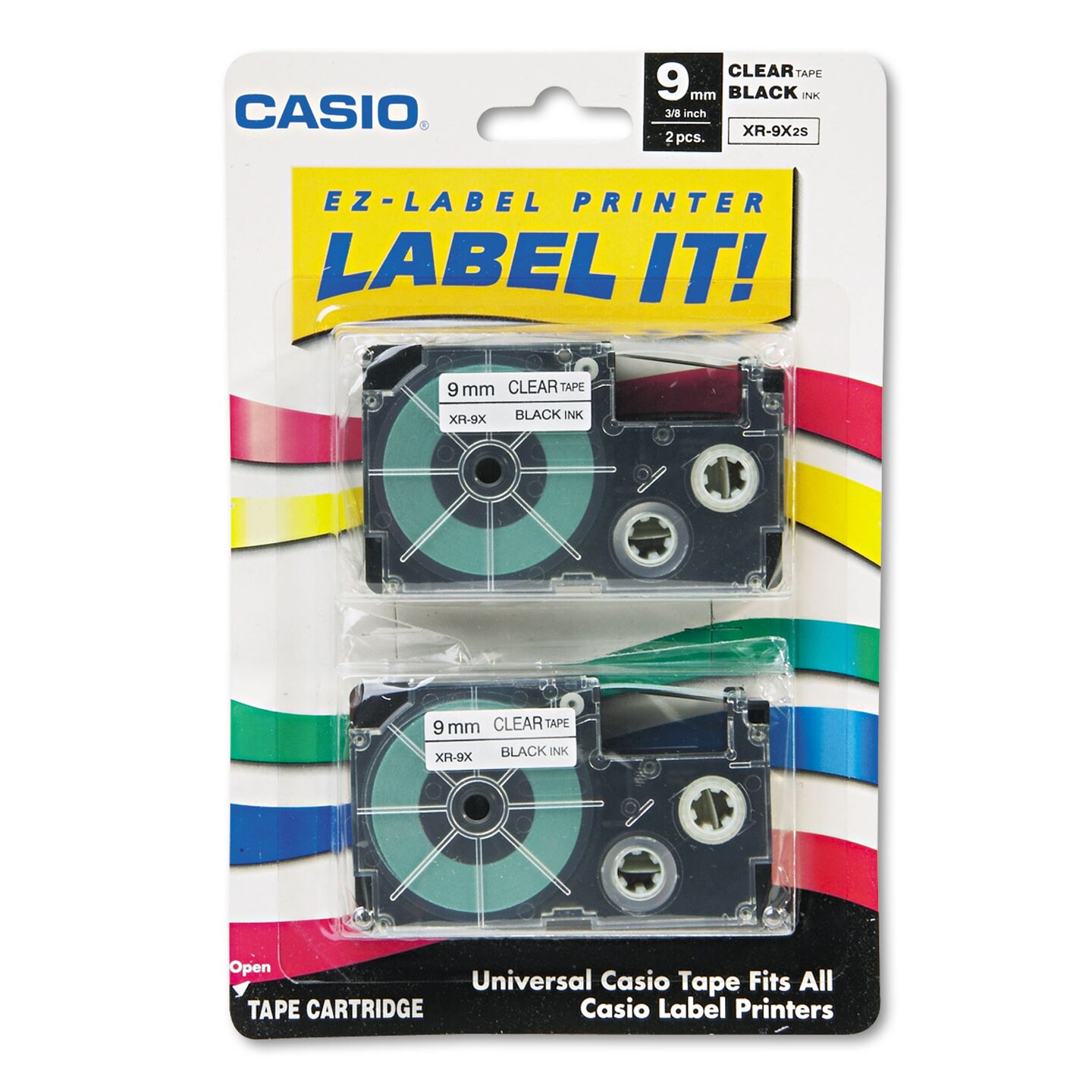 Casio Tape Cassettes for KL Label Makers 0.37 x 26 ft Black on Clear 2/Pack