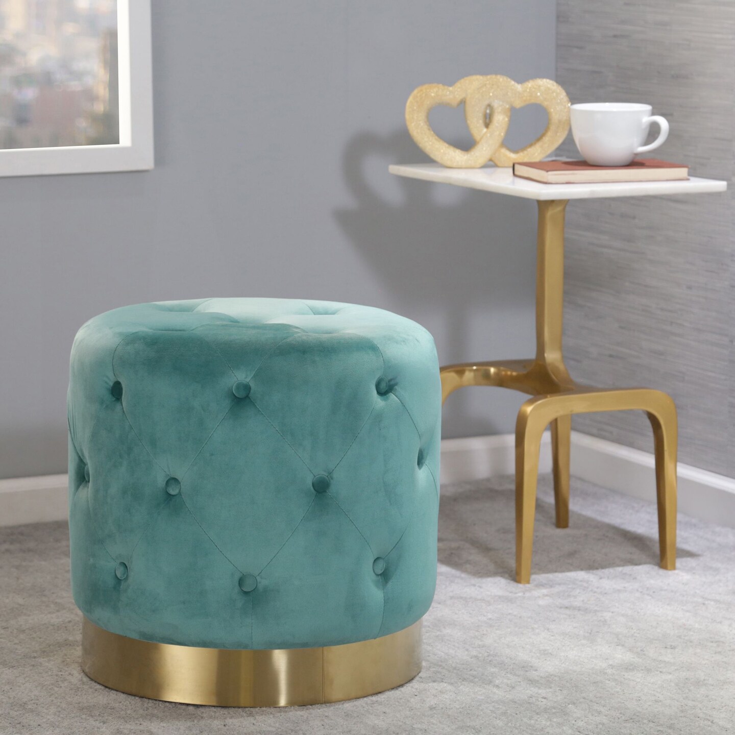 Kingston Living 18" Teal and Gold Round Tufted Velvet Ottoman