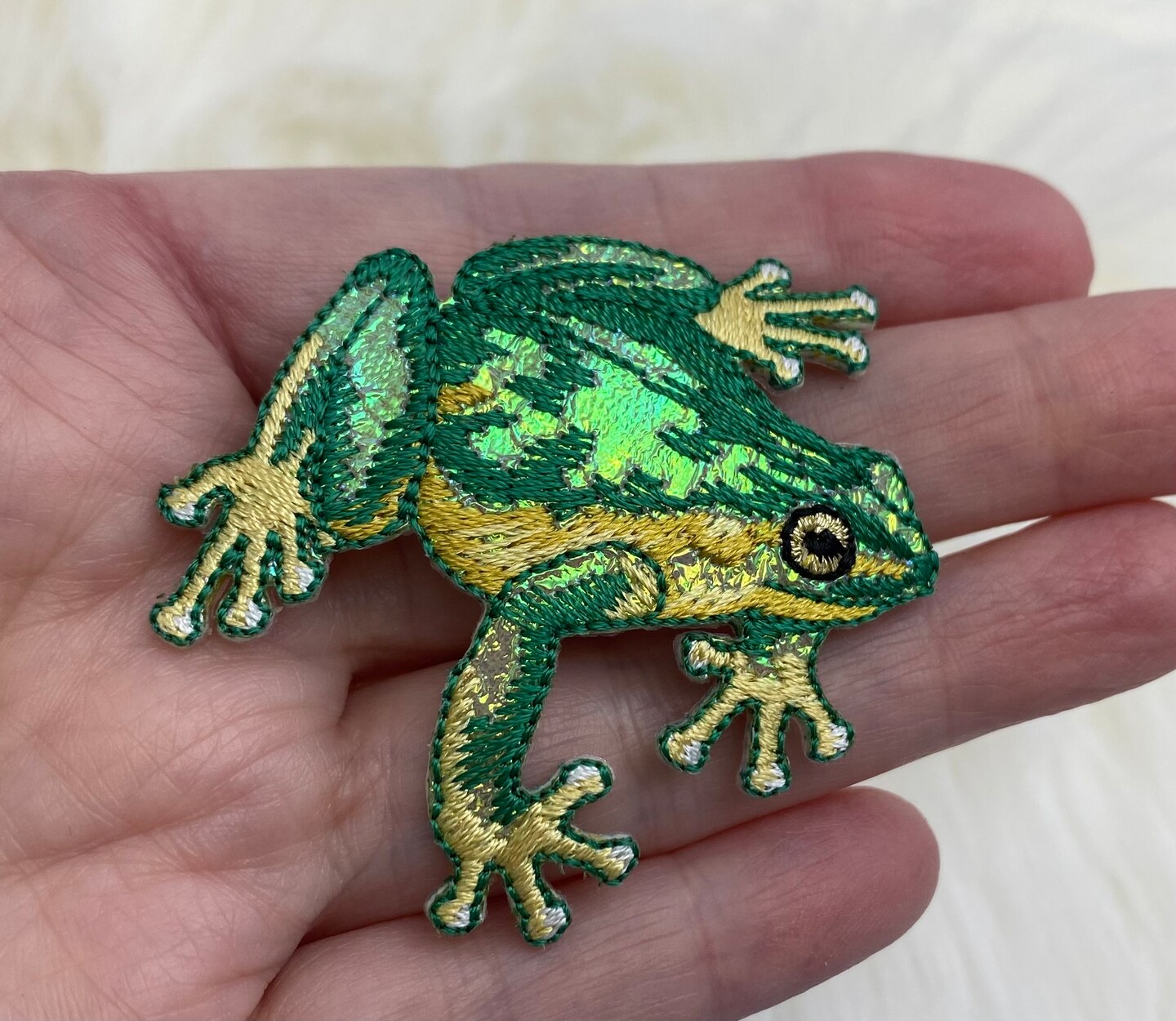 Green Shimmery Frog, Facing Right, Embroidered Iron-on Patch