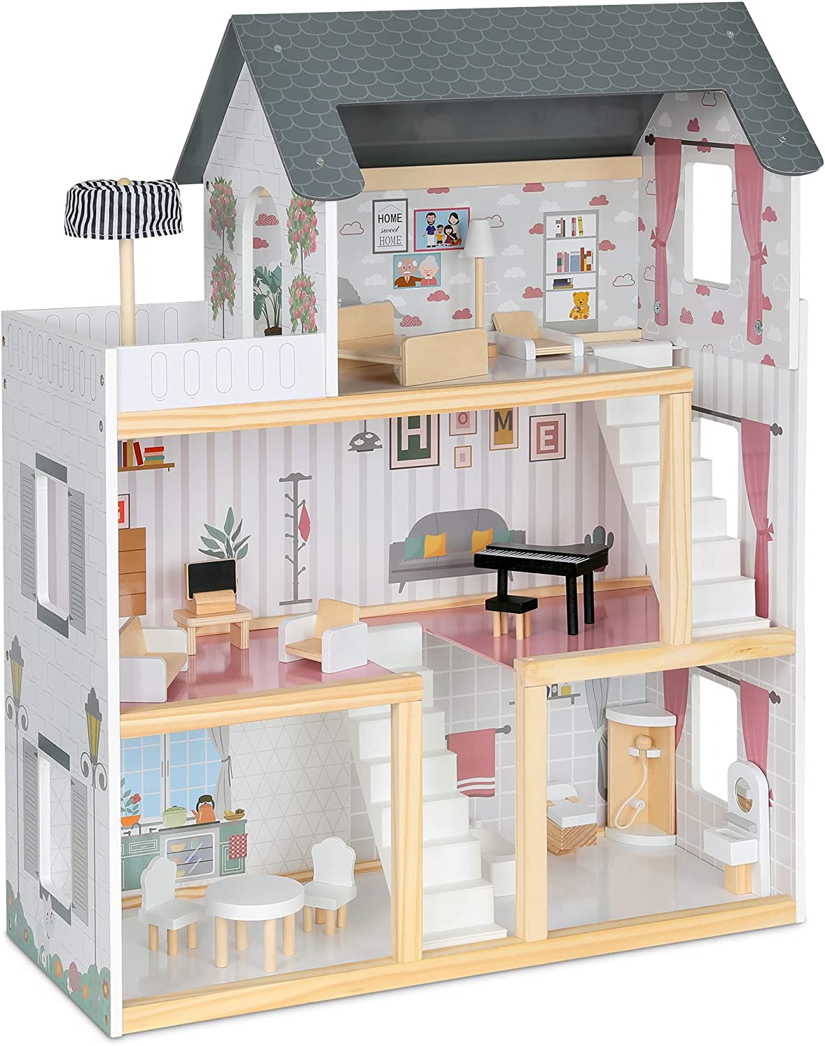 Lil Jumbl Kids 3-Floor Wooden Dollhouse with 2 Staircases and 17-Piece
