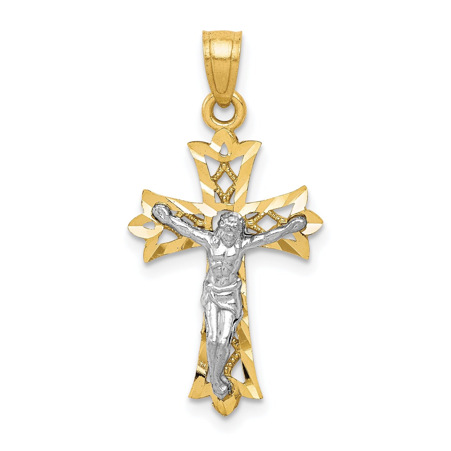 10K Yellow Gold & Rhodium Plated Filigree Crucifix Pendant Charm 25mm x 14mm