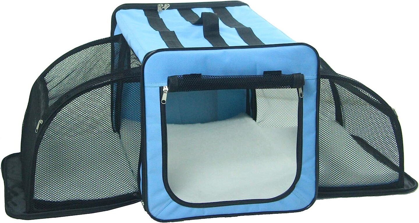 Pet Life Capacious Dual-Expandable Wire Folding Lightweight Collapsible Travel Pet Dog Crate Blue-L