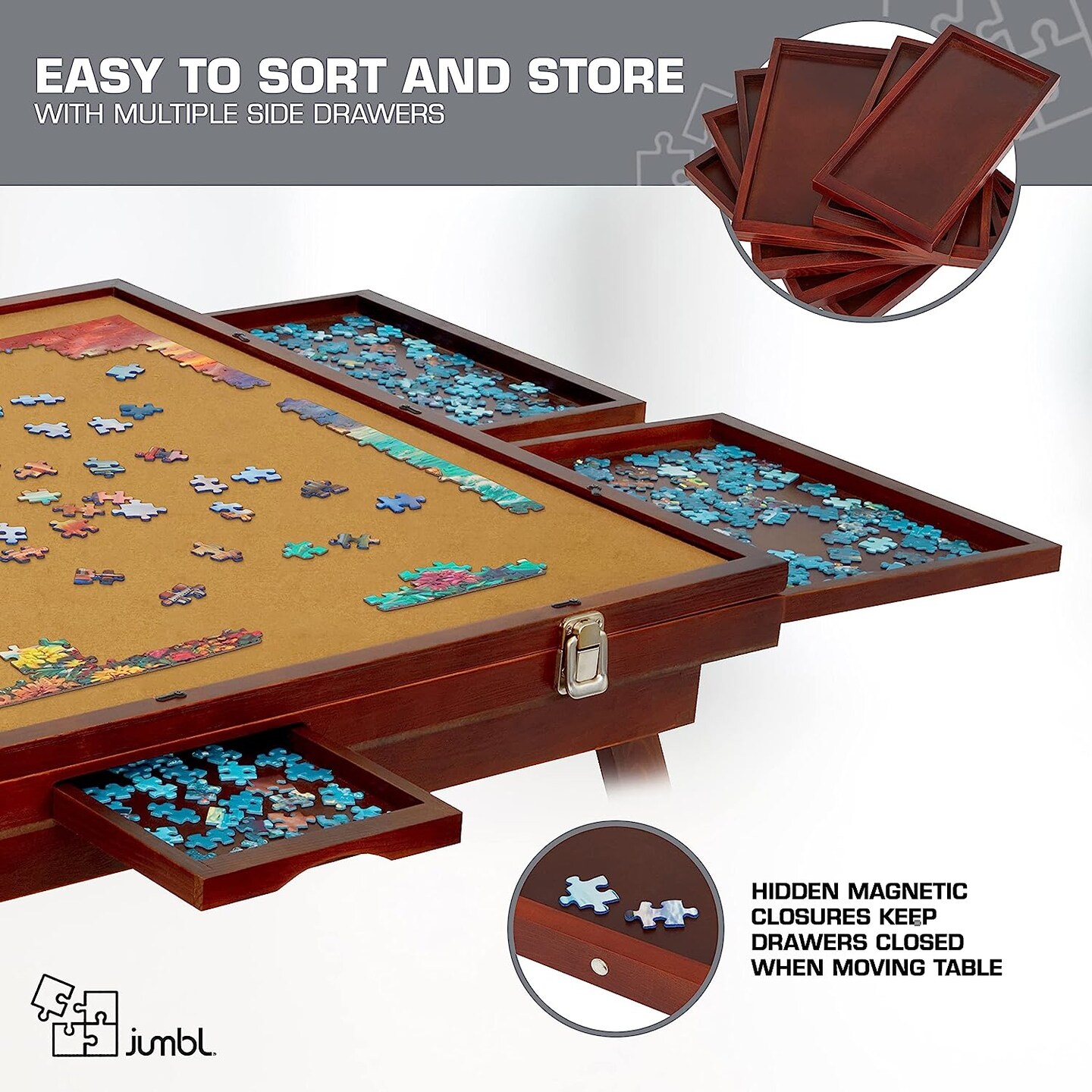 Jumbl 1000 Piece Puzzle Board, 23” x 31” Wooden Jigsaw Puzzle Table Board w/Felt Surface & Storage Drawers