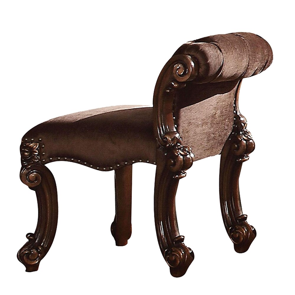 ACME Fabric Upholstered Wooden Vanity Stool with Scrolled Poster Legs, Cherry Brown- Saltoro Sherpi