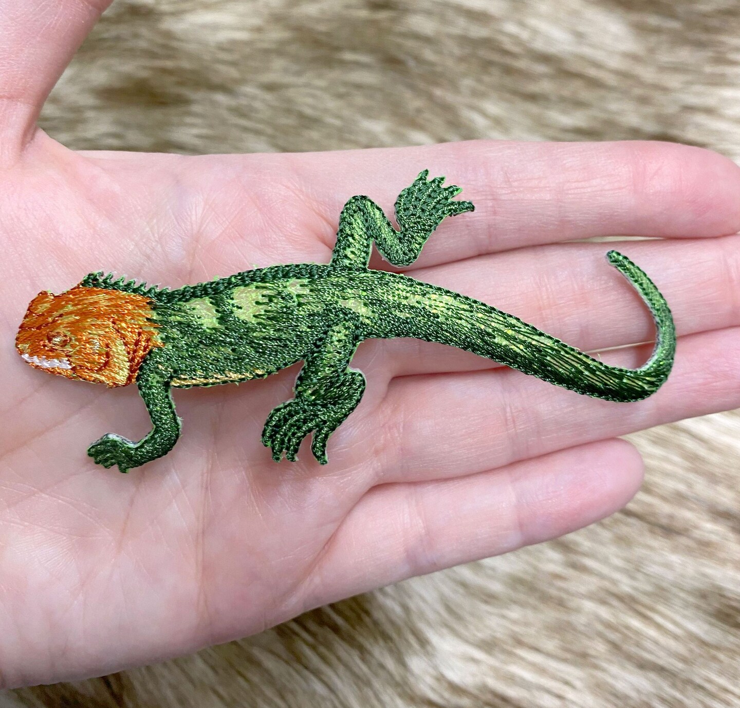 Red-Headed Agama, Green Shimmery Lizard, Facing Left, Embroidered, Iron on Patch