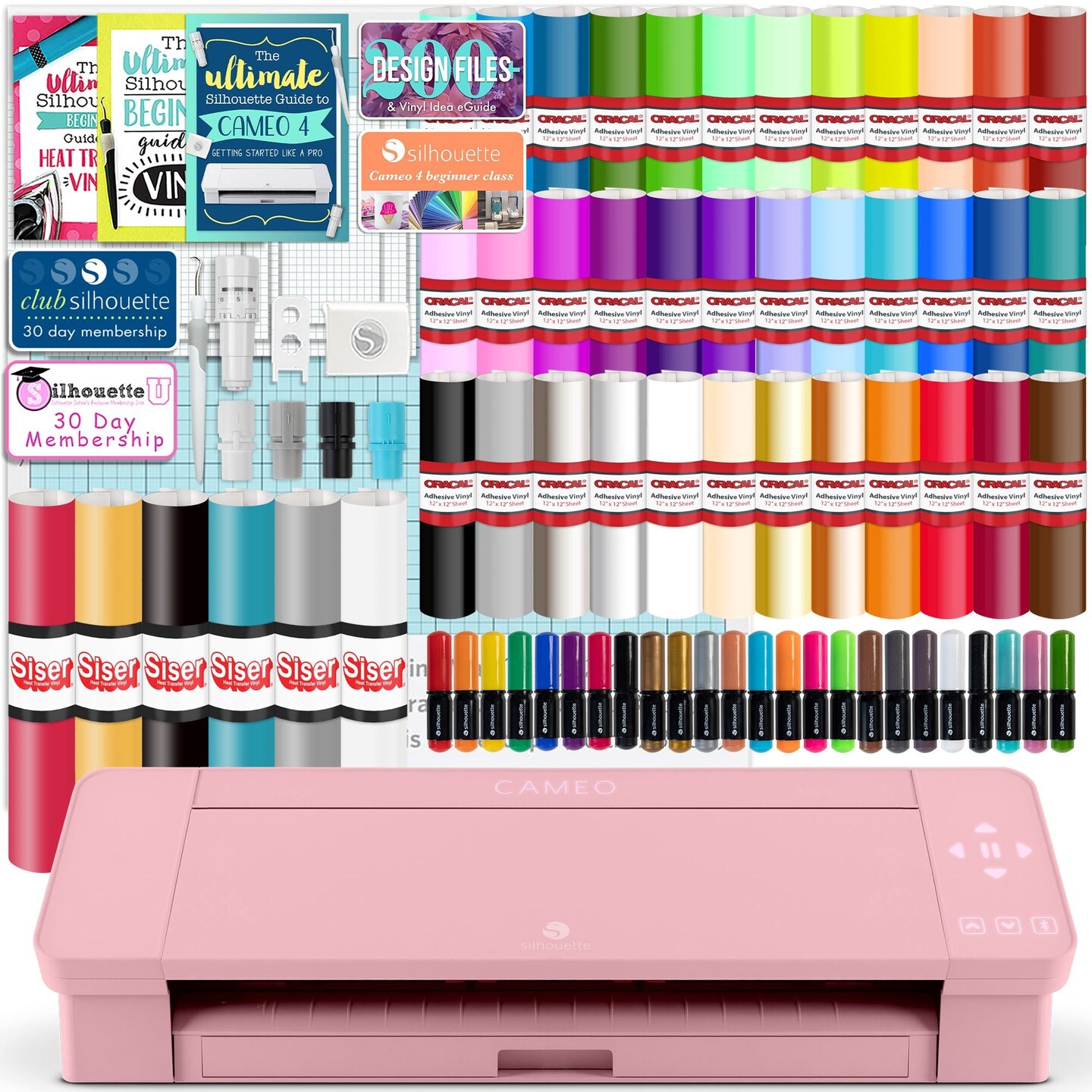 Silhouette Blush Pink Cameo 4 w/ 38 Oracal Sheets, Siser HTV, Guides, 24 Pens