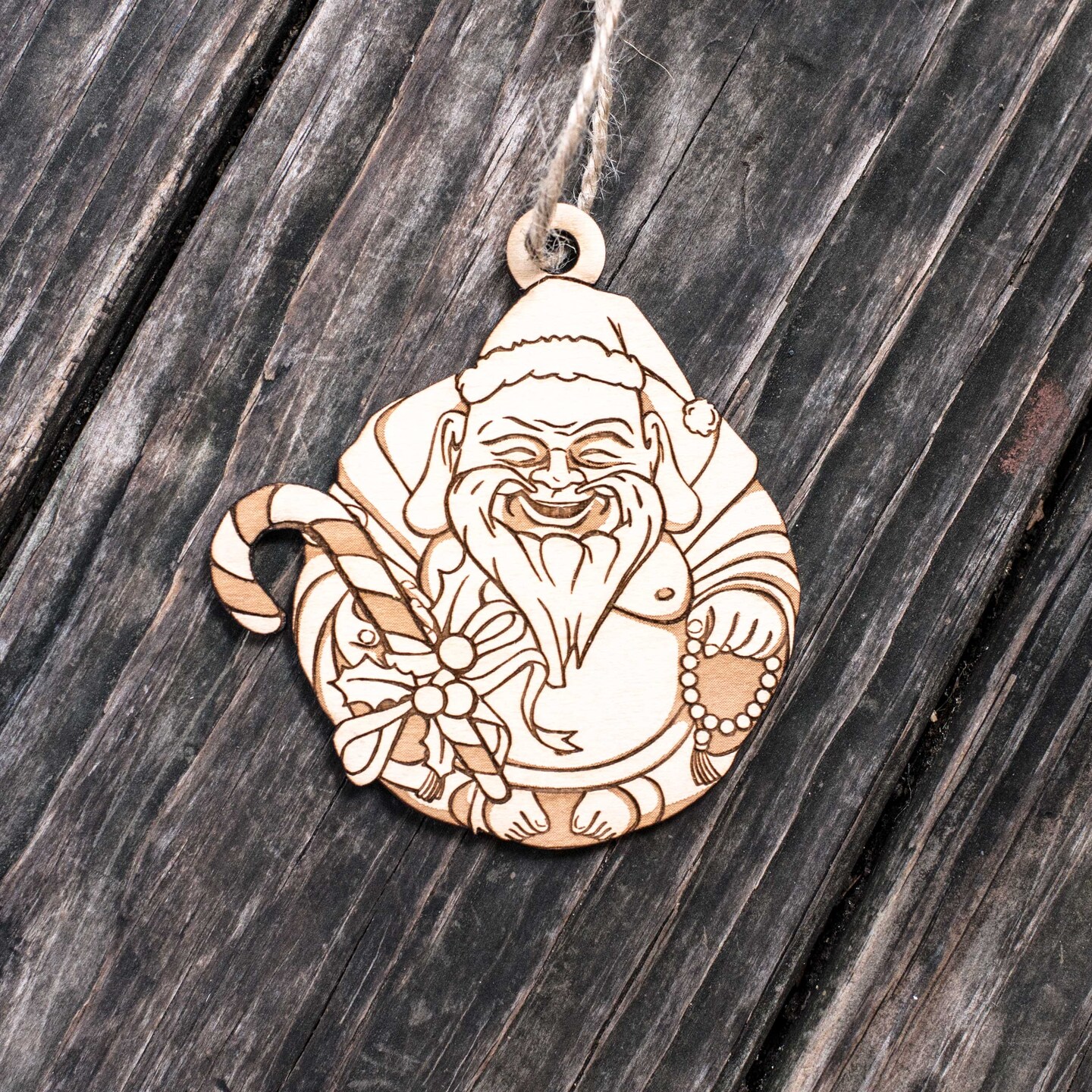Ornament - Laughing Santa Buddha - Raw Wood 4x3in