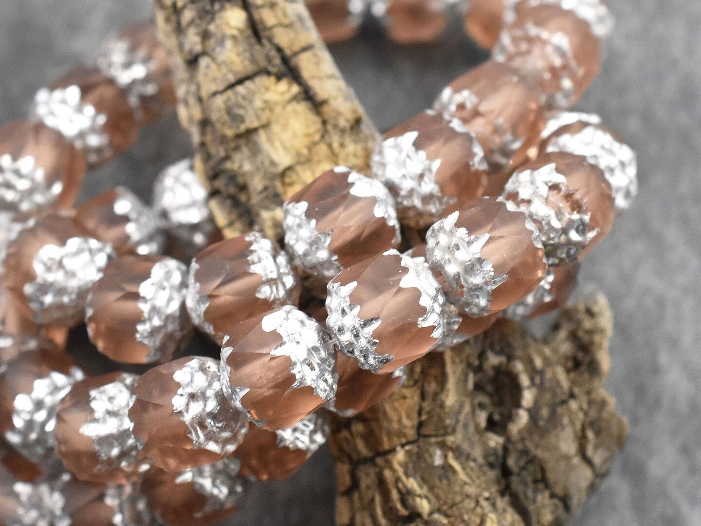 *15* 8mm Silver Washed Matte Peach Fire Polished Cathedral Beads