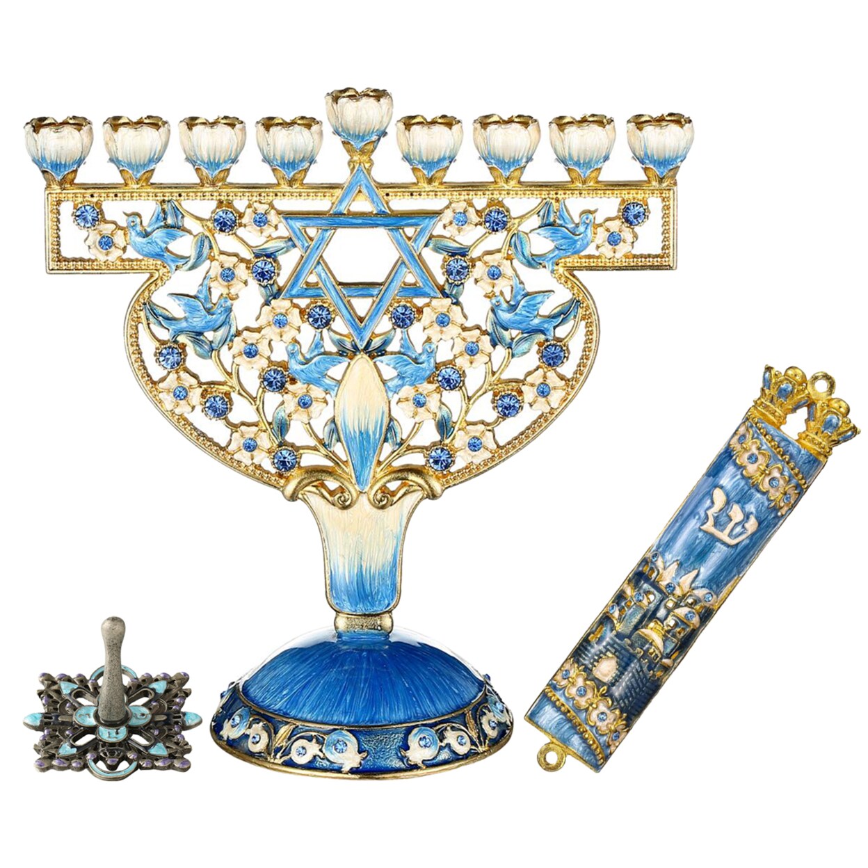Matashi Hand Painted Hanukkah Menorah Candle Holder With Mezuzah And Spinning Dreidel Best Holiday Menorahs For Chanukah