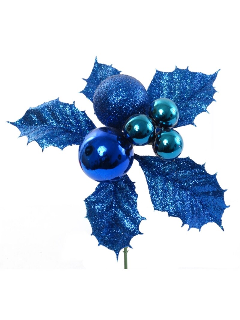 Blue Glitter Holly Picks with Gift Boxes - 12pc, Christmas Tree Ornaments - Perfect for Holiday Decor, Wreaths, Garlands - Festive Seasonal Charm - 2024 Christmas Collection, Floral Home by Artificial Flowers