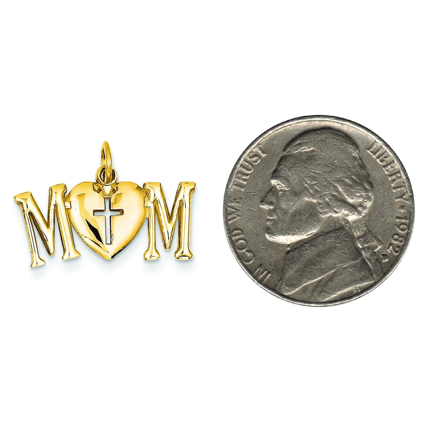 14K Gold Mom with Heart &#x26; Cross Charm Mother Pendant Jewerly 16mm x 22mm