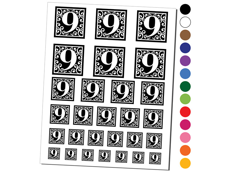 Monogram Swirls Number 9 Nine Temporary Tattoo Water Resistant Fake Body Art Set Collection