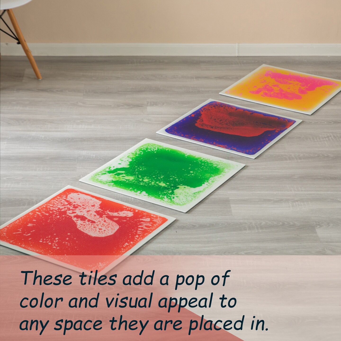 Sensory Liquid Gel Floor Square Tiles, 19.5 x 19.5 Inch Red Orange White Green Pink Purple Yellow Blue Kids Floor Mat, 4 Pack
