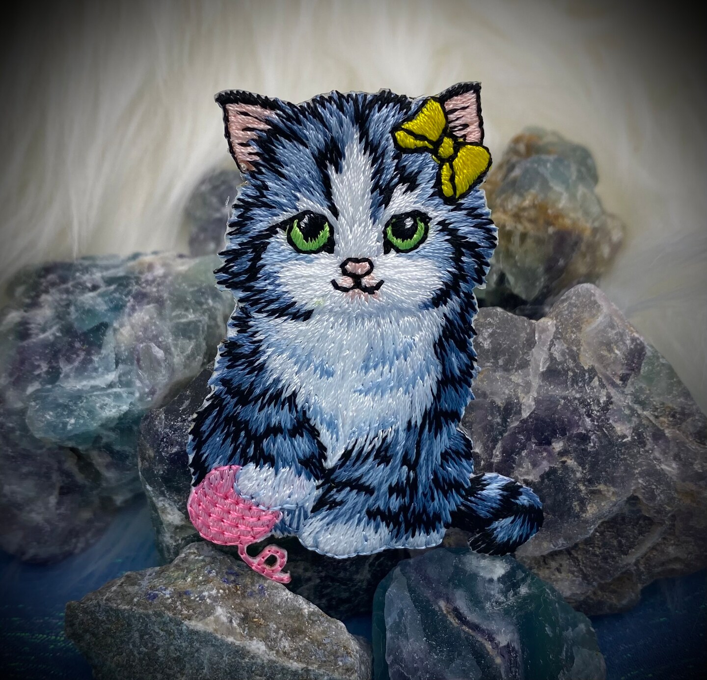 Cat with Yellow Bow, Pink Yarn Ball, Embroidered, Iron on Patch