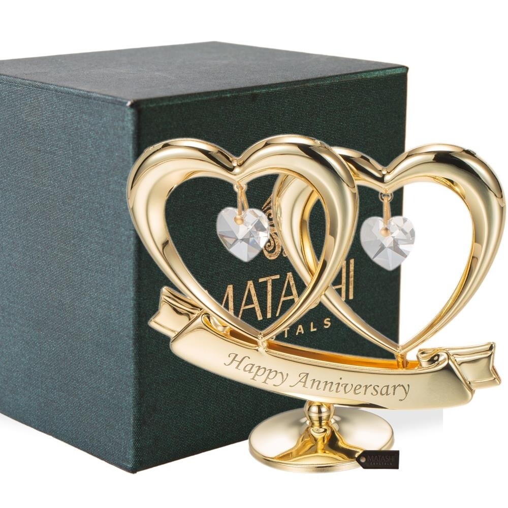 Matashi 24K Gold Plated Happy Anniversary Inscribed Double Heart Ornament with Crystals by