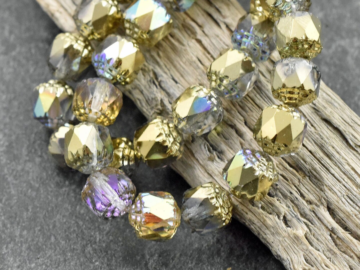 *15* 8mm Gold Washed Crystal AB Fire Polished Cathedral Beads