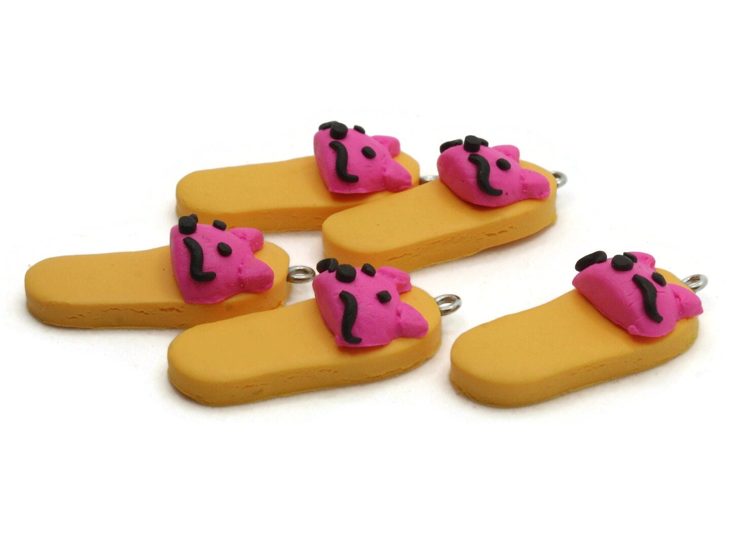 5 34mm Yellow and Pink Kitty Cat Polymer Clay Miniature Slipper Charms