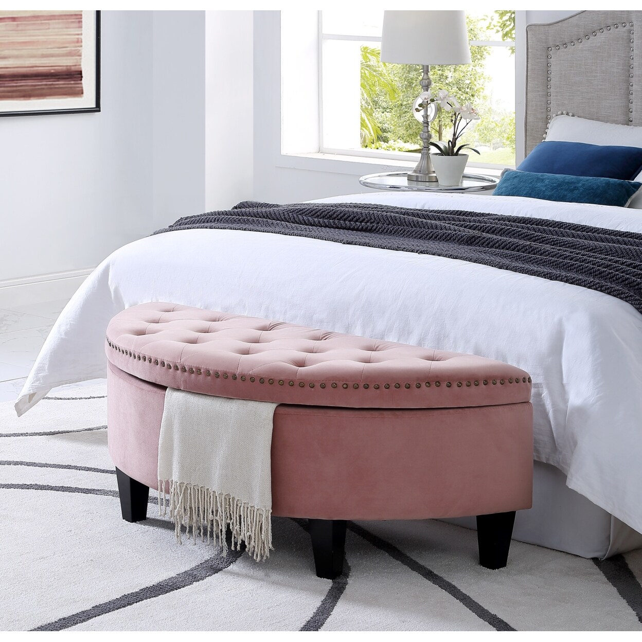Inspired Home Leandra Linen or Velvet Storage Ottoman-Half Moon-Upholstered-Tufted-Nailhead Trim- Modern and Functional by Inspired