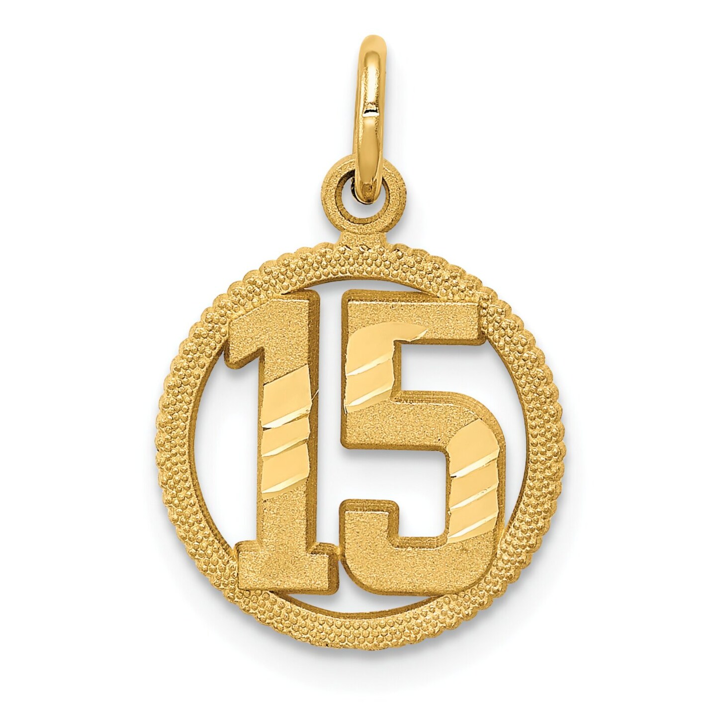 14K Gold Number 15 in Circle Pendant Sports Charm Jewerly 20mm x 12mm