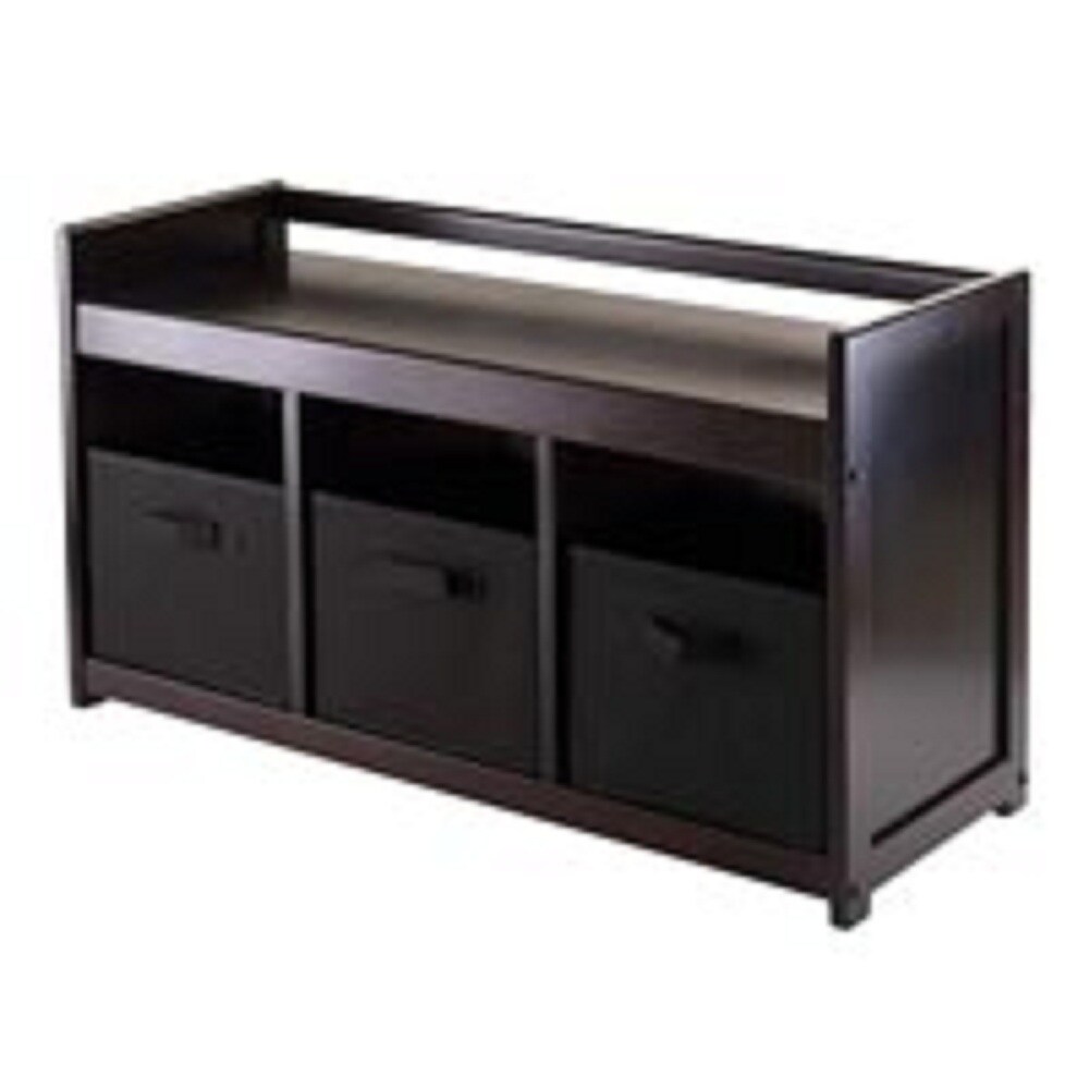 Contemporary Home Living 20.75” Dark Brown and Black Storage Bench with Three Foldable Fabric Basket