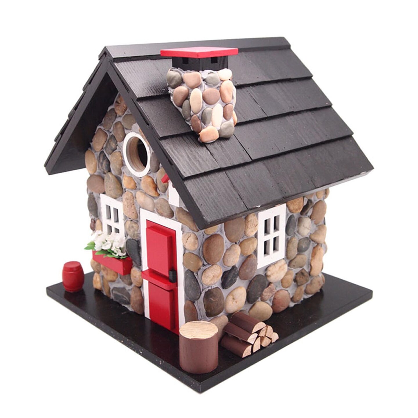 CC Outdoor Living 9.5" Stone Cottage Red Black & White Fully Functional Outdoor Garden Birdhouse