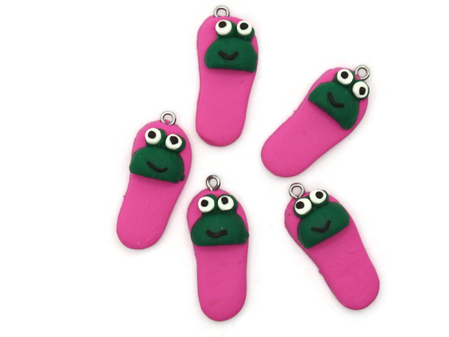 5 34mm Hot Pink And Green Frog Slipper Polymer Clay Miniature Charms