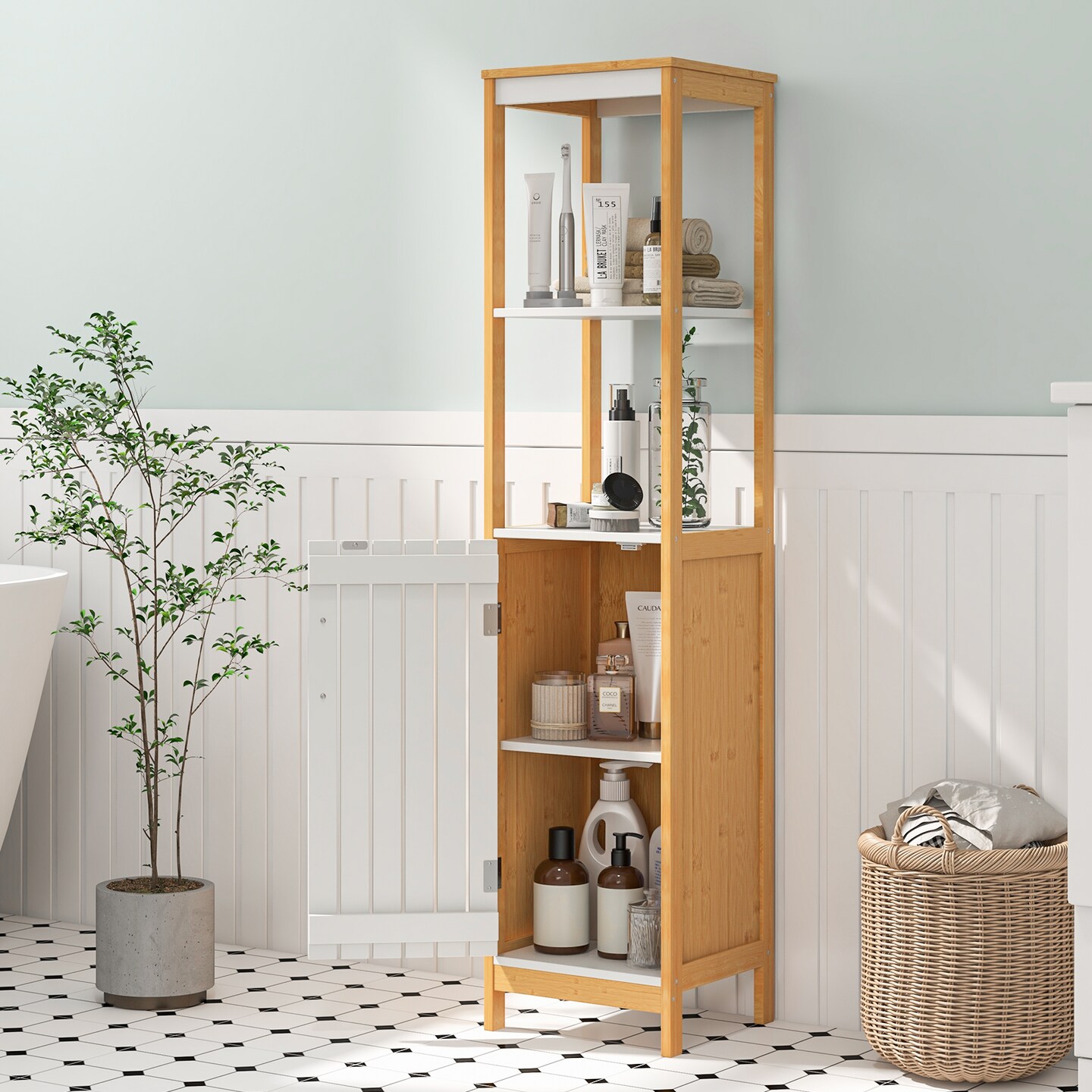 Wicker Bathroom Floor Cabinet With Door Shelves Adjustable Shelf