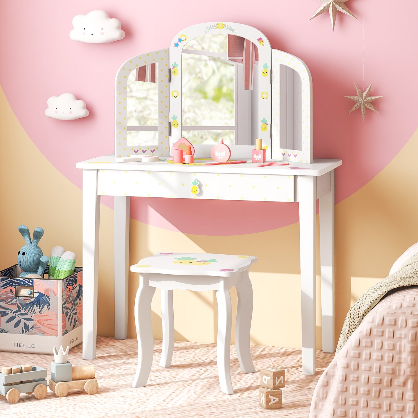 Girls Vanity Table and Chair Set with Tri Folding Mirror Storage Drawer White