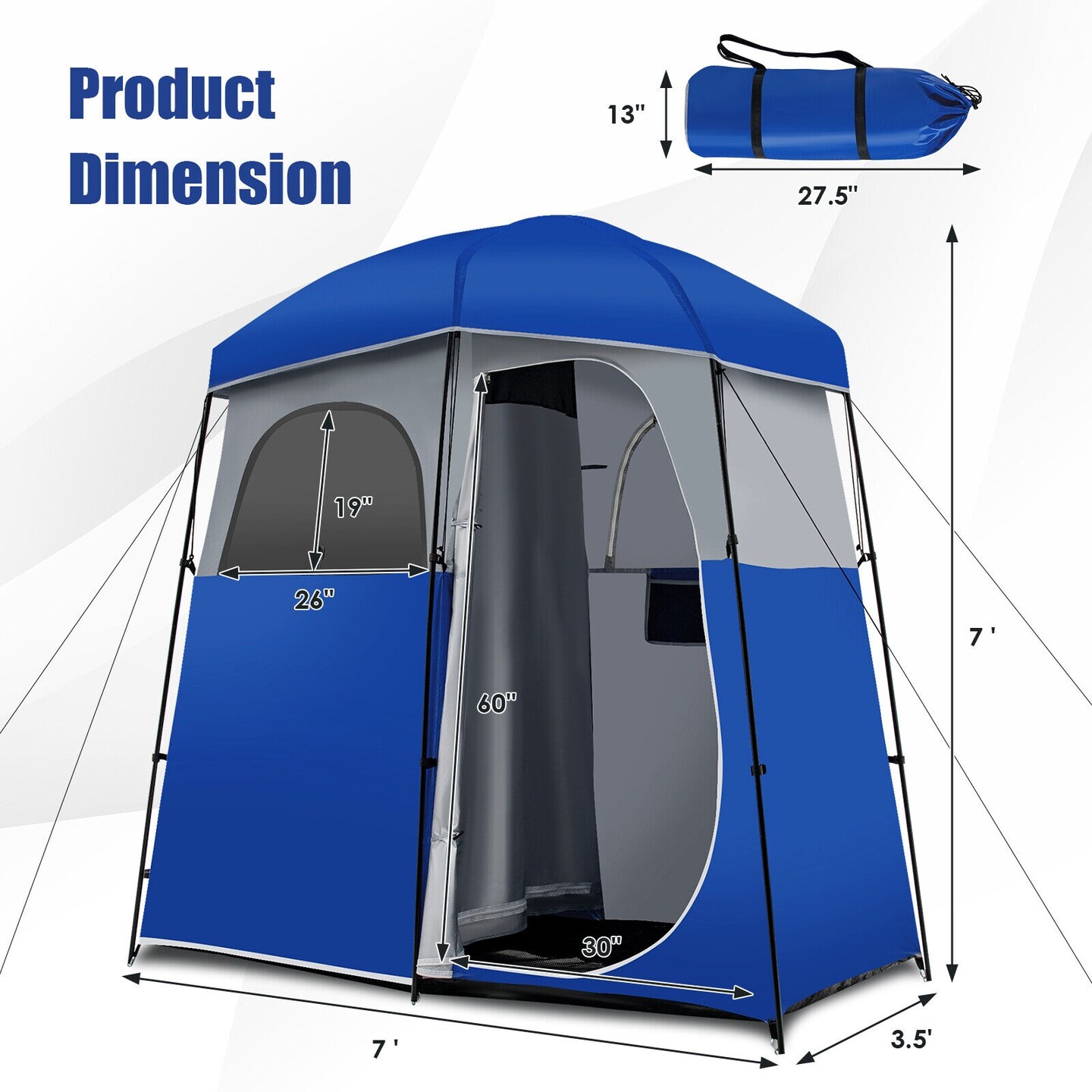 2-Person Outdoor Shower Tent Double Room Waterproof Oxford Cloth Steel Frame Blue Silver