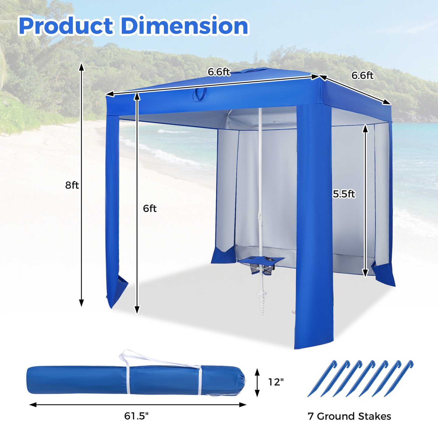 Beach Canopy Tent With Detachable Sidewall And Folding Table-Blue