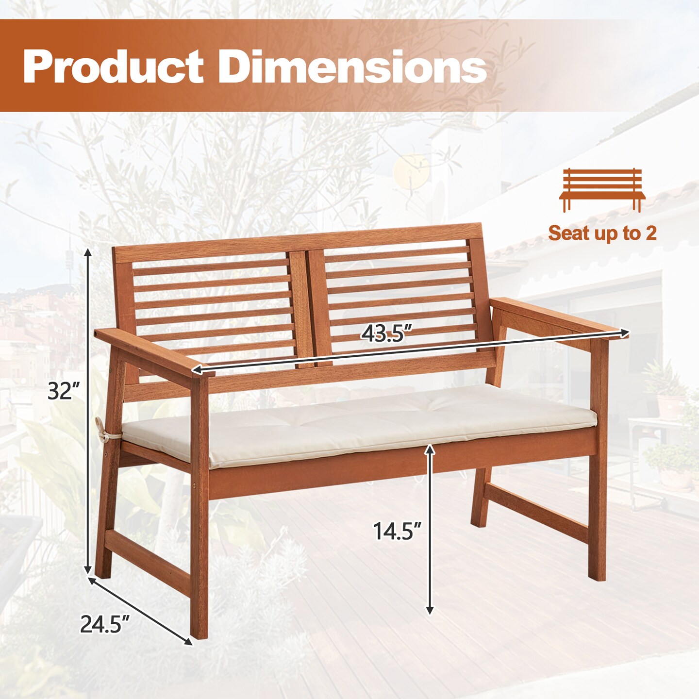 Solid Wood Patio Loveseat with Off White Cushions Outdoor 2-Seat Bench for Porch or Garden