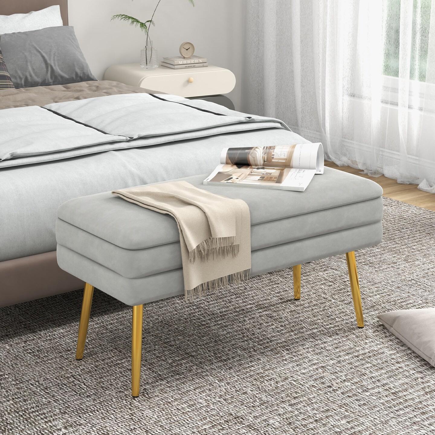 Velvet Upholstered Storage Bench With Removable Top-grey