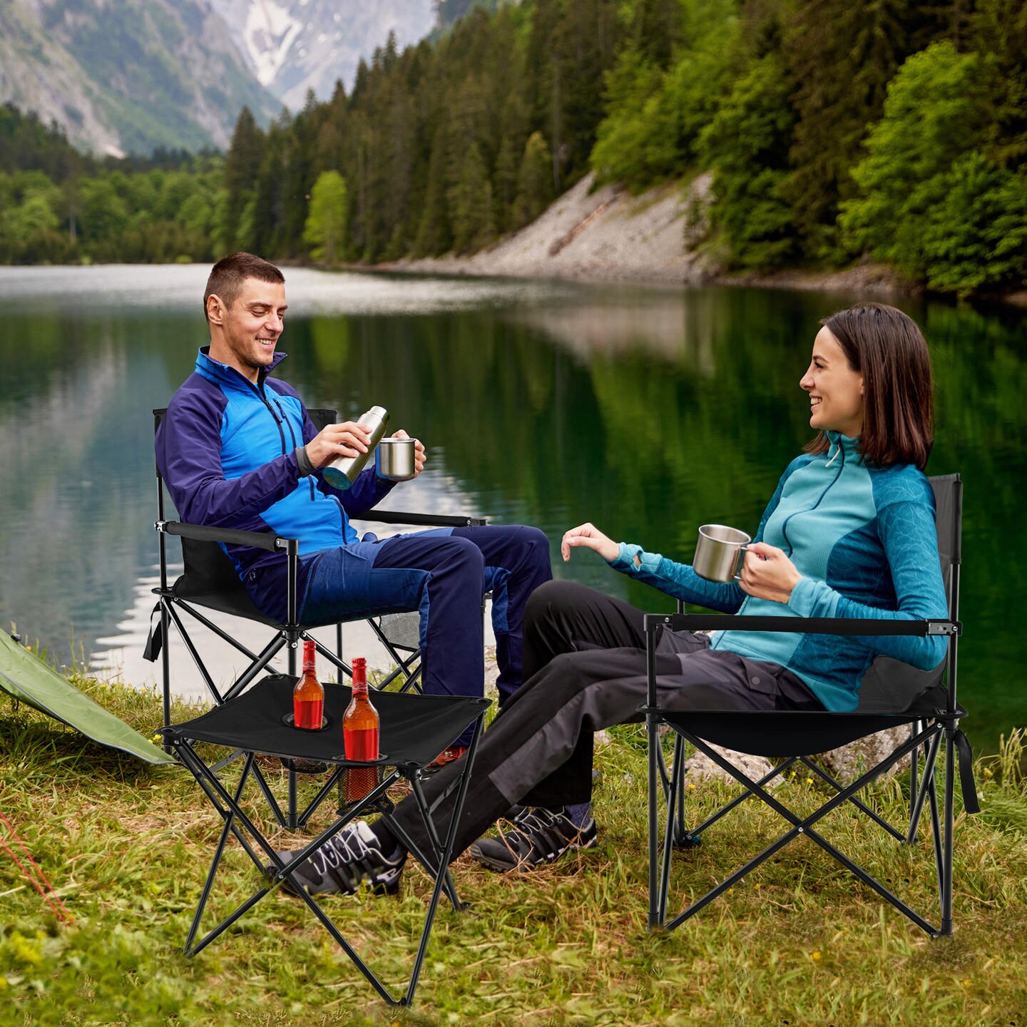 Black Folding Camping Chair Set 2 Chairs 1 Table 400 lbs Capacity with Cup Holder