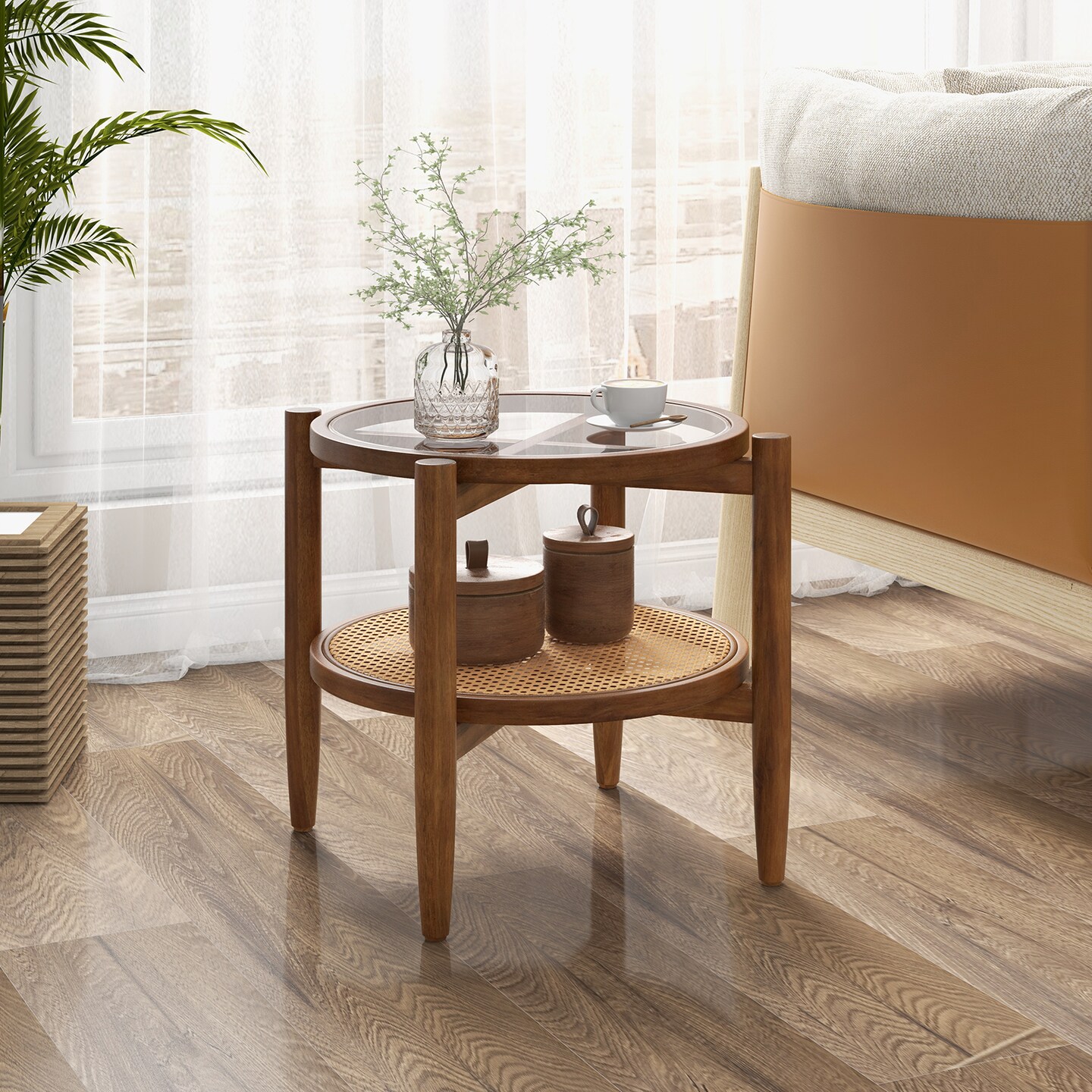 Rattan Round Side End Table With Tempered Glass Tabletop