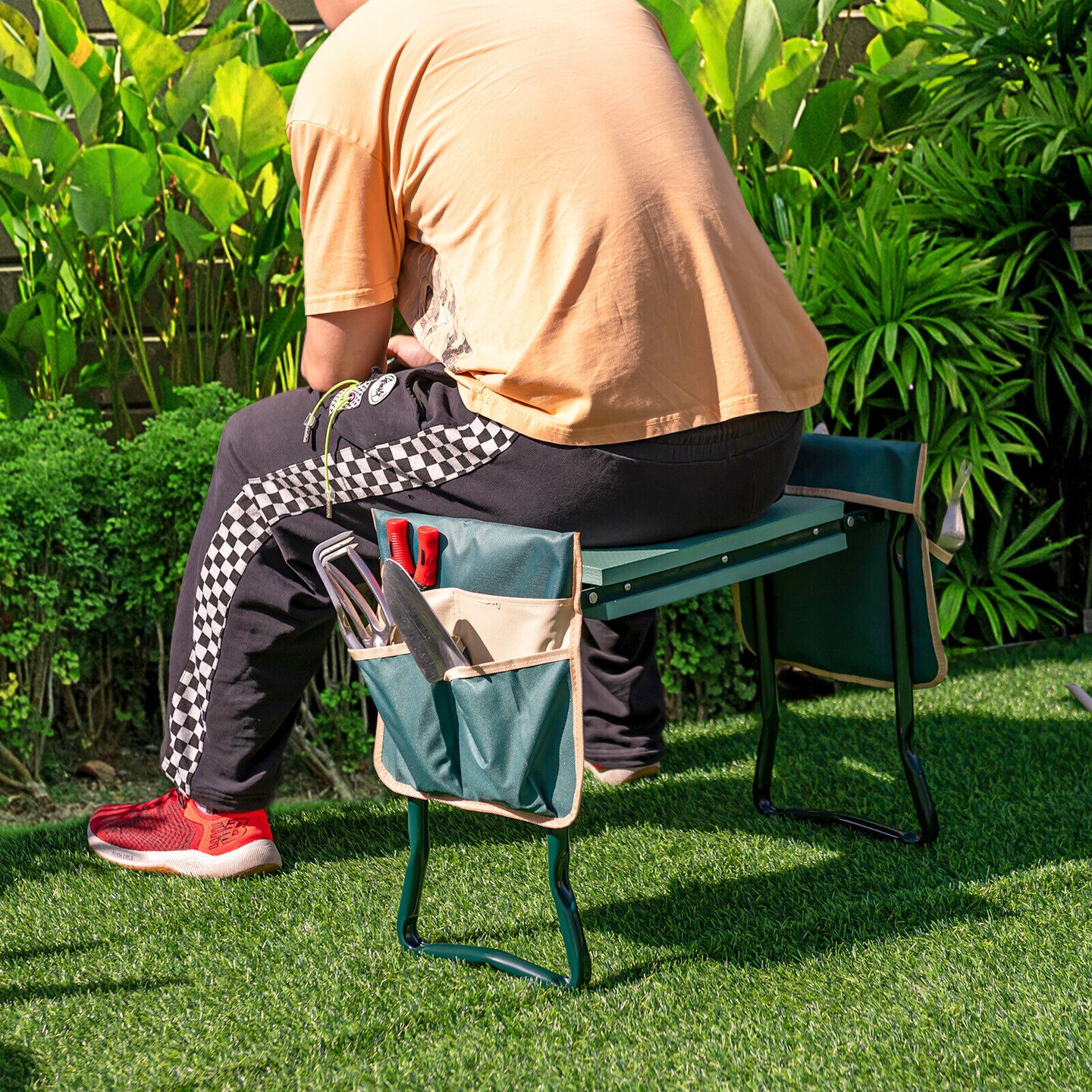 Garden Kneeler Seat Foldable Foam Cushion Steel Frame with Pouches Green