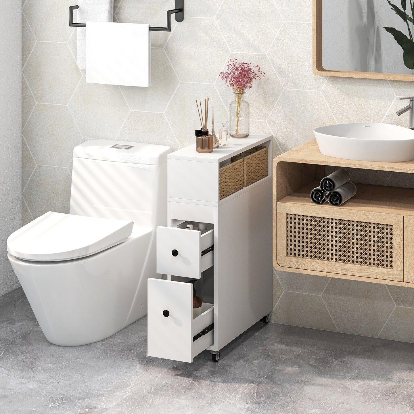 Slim Bathroom Storage Cabinet With 2 Slide Out Drawers