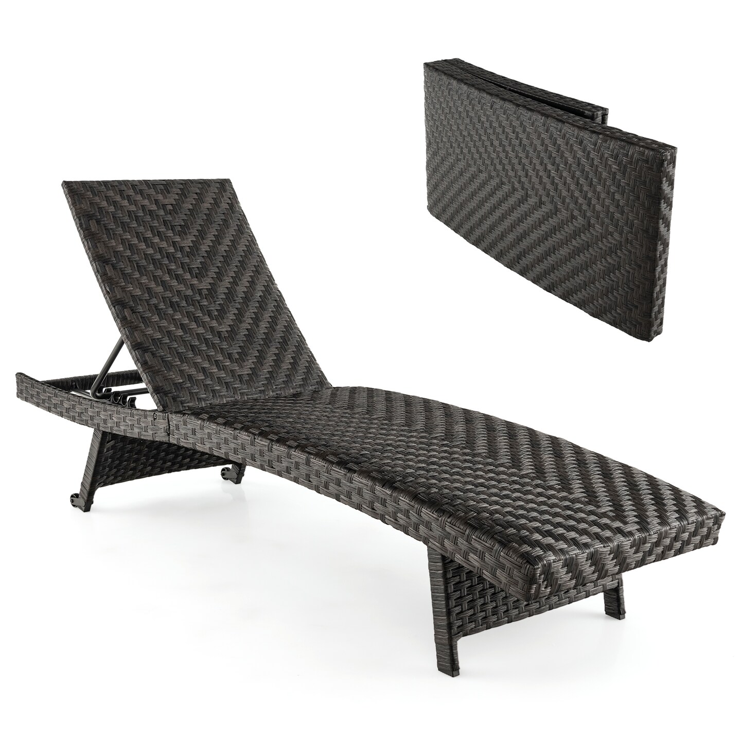 Folding Padded Rattan Patio Chaise Lounge With Adjustable Backrest And Quick Dry Foam