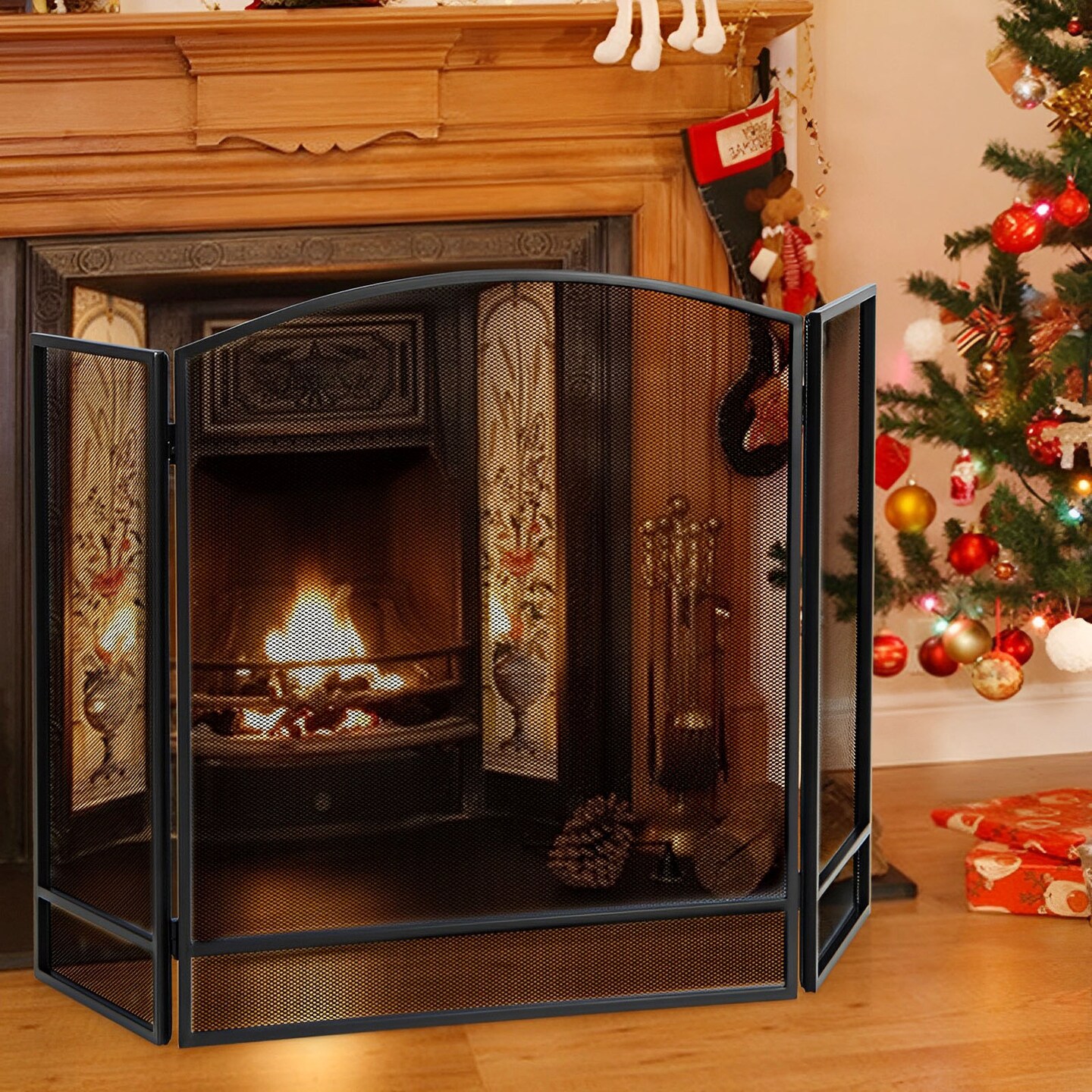3-Panel Fold-able Fireplace Screen With Wrought Metal Mesh
