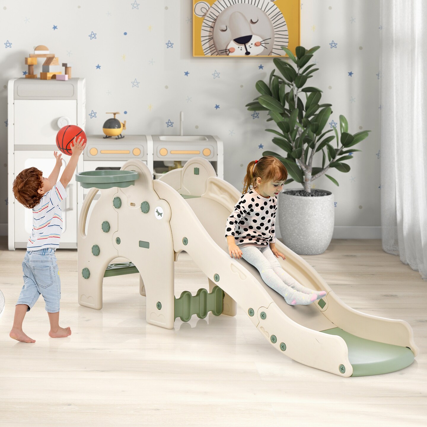 4-in-1 Toddler Slide Kids Play Slide With Cute Elephant Shape-green