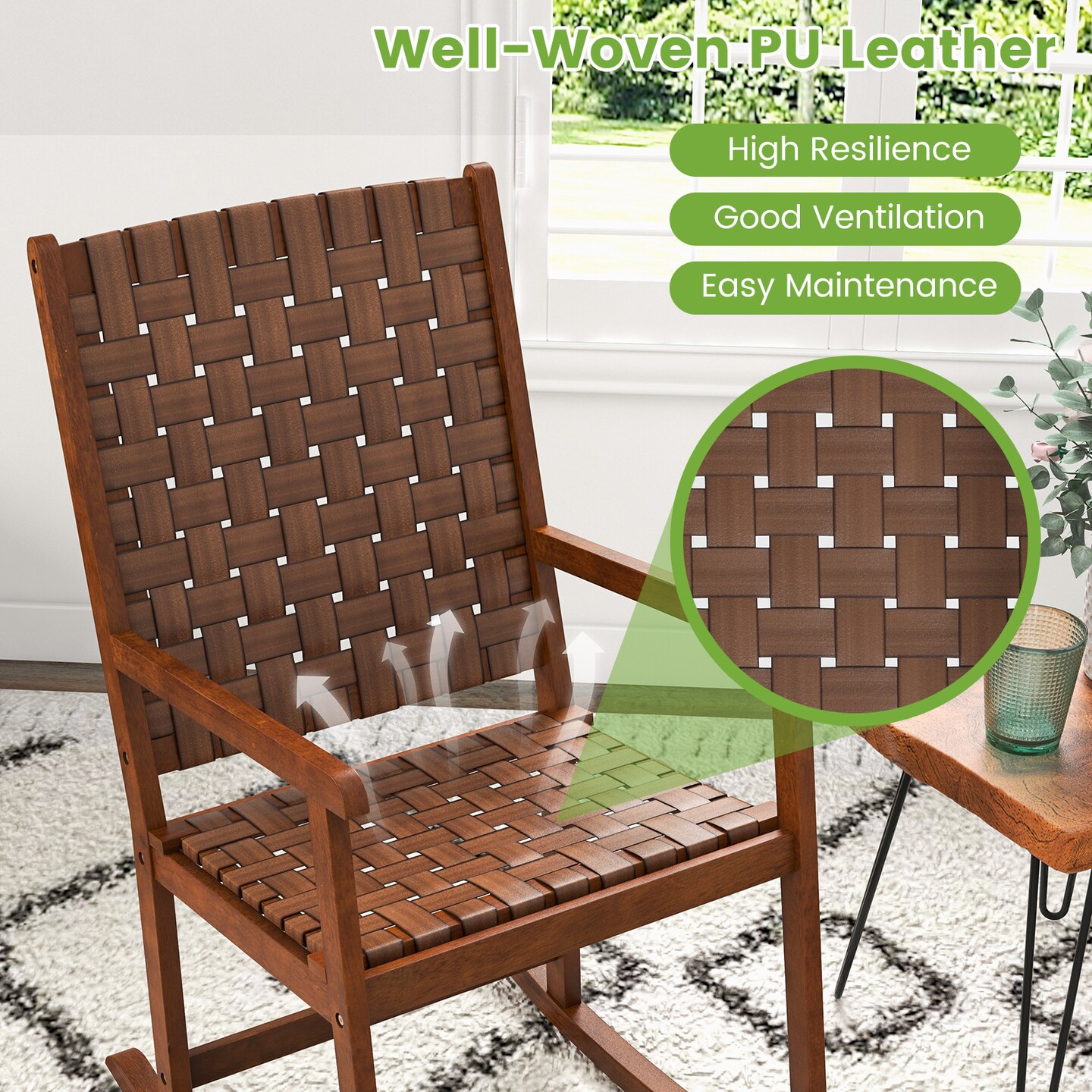 Patio Wood Rocking Chair With Pu Seat And Rubber Wood Frame-Brown