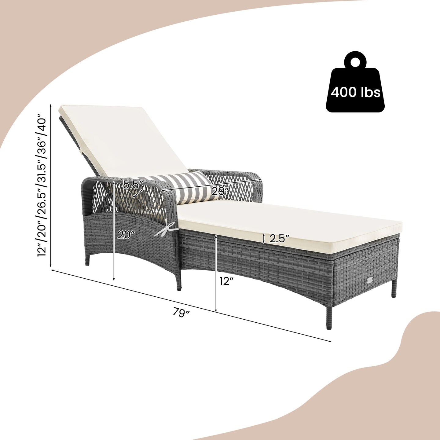 Outdoor Chaise Lounge Chair Recliner With 6-level Backrest Cushion And Pillow