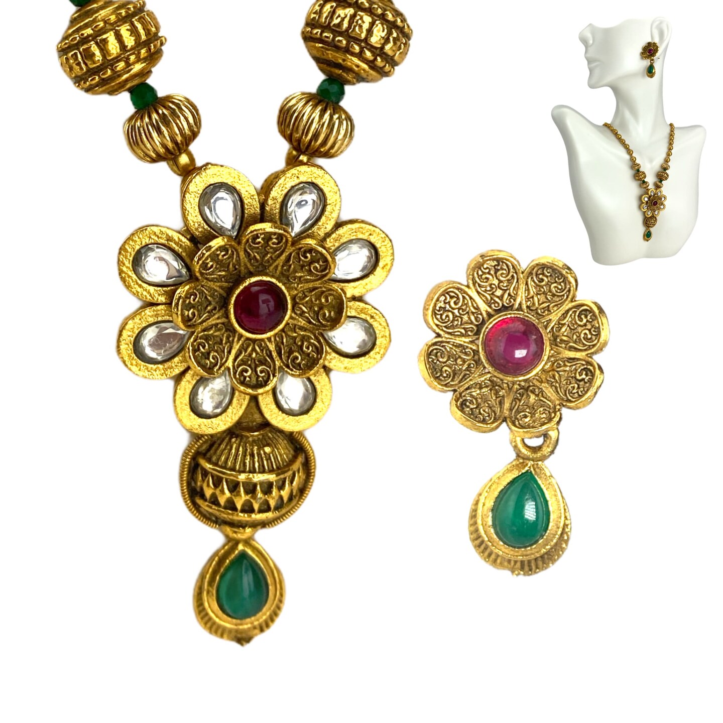 South Indian and Pakistan Pendant Jewelry Set ?? Matte Gold Plating Antique Ethnic Necklace and Earrings Jewelry Set